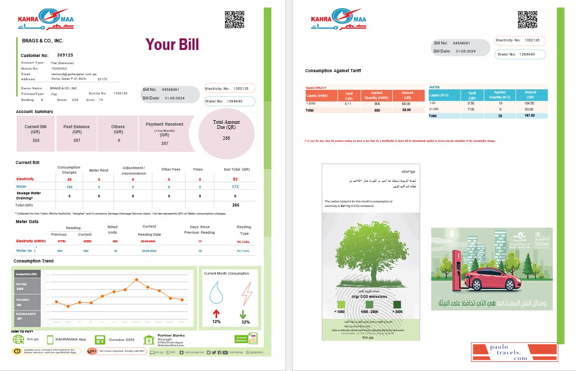 Qatar Kahra Maa business utility bill Word and PDF template, 2 pages PSD template